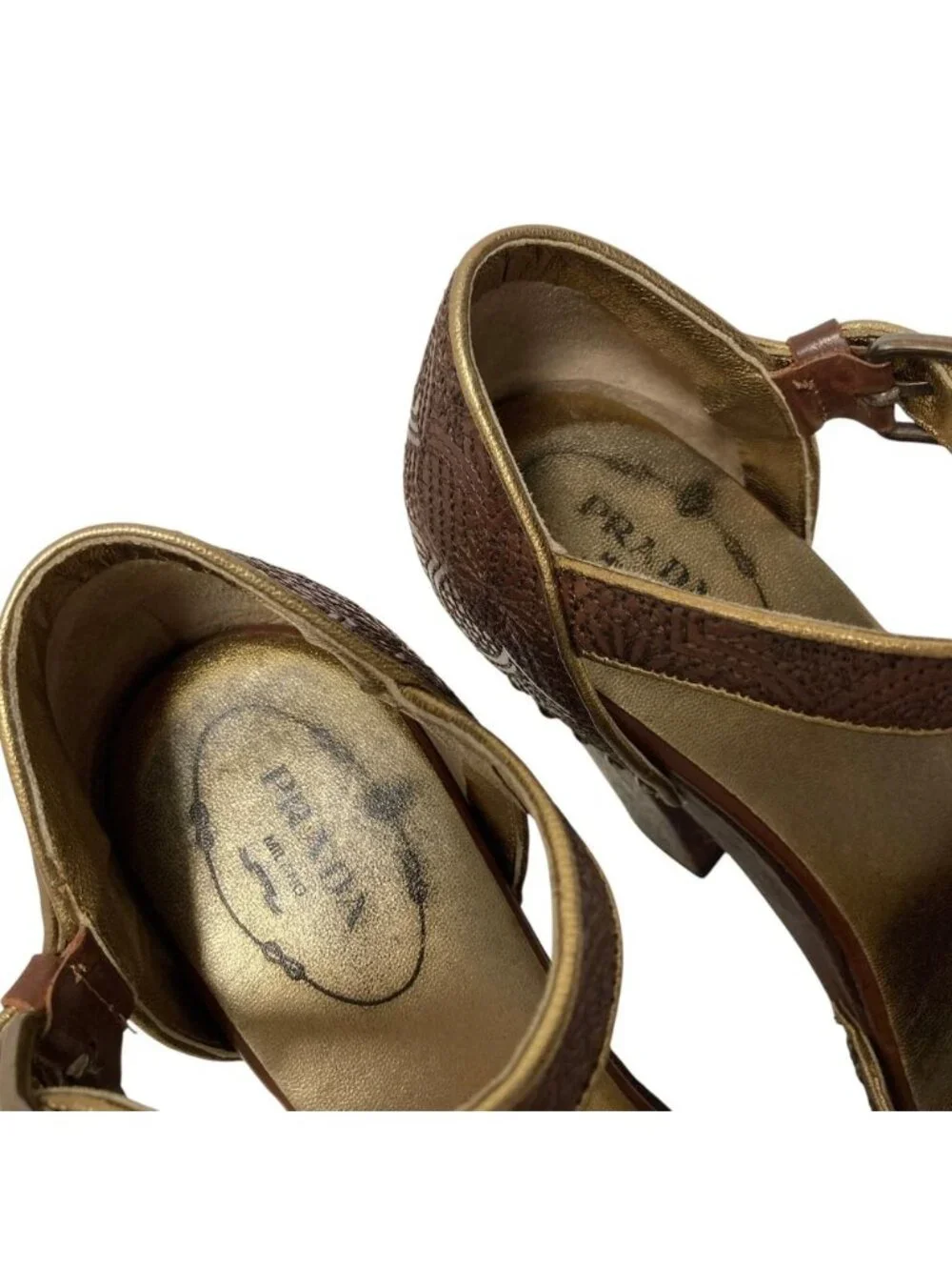 Prada Flower Embroidery Wood Sole Ankle Strap Pumps 37.5 Equivalent Brown